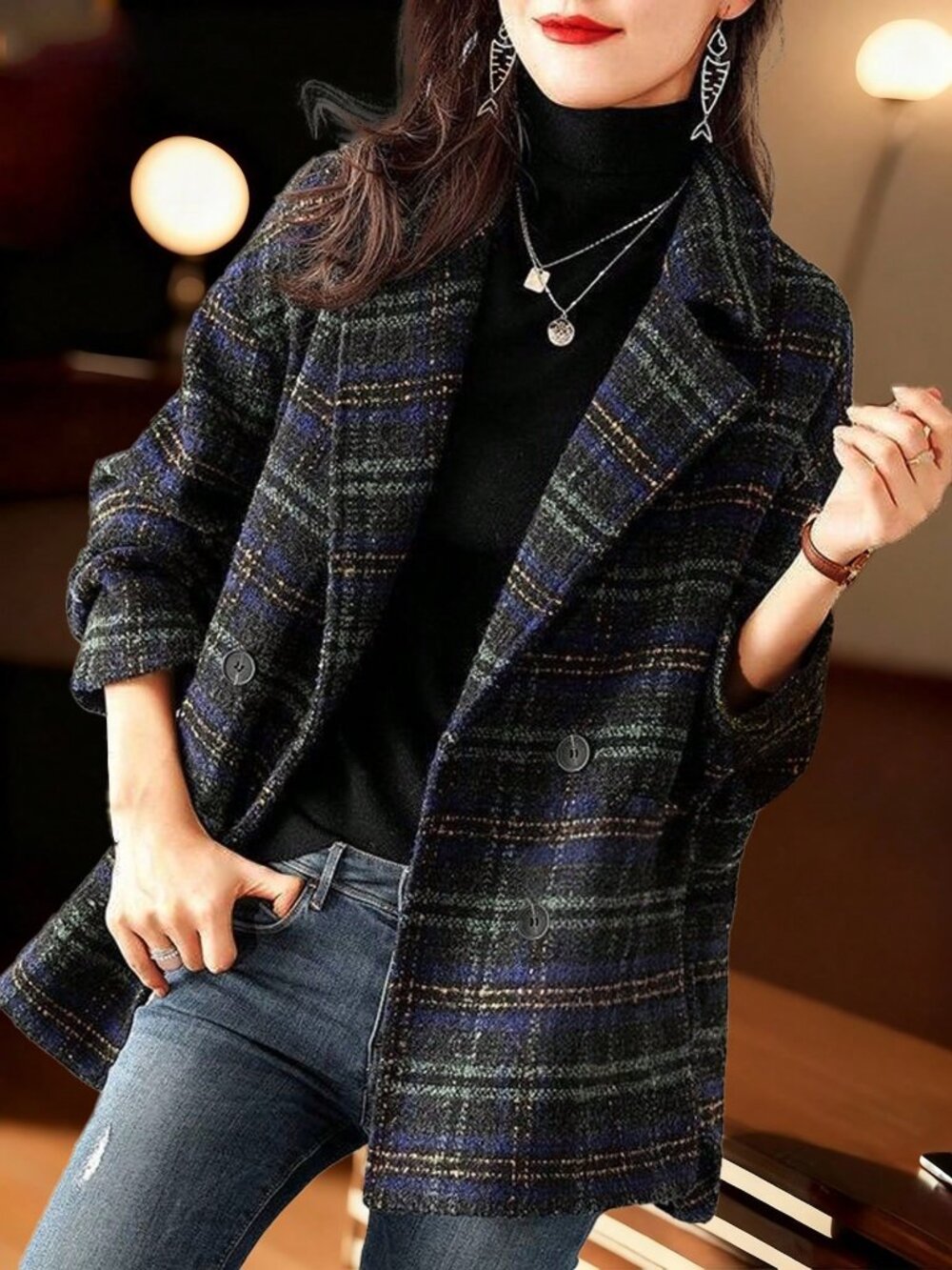 Dark Green Casual Women's Loose Plaid Lapel Button Long Sleeve Jacket